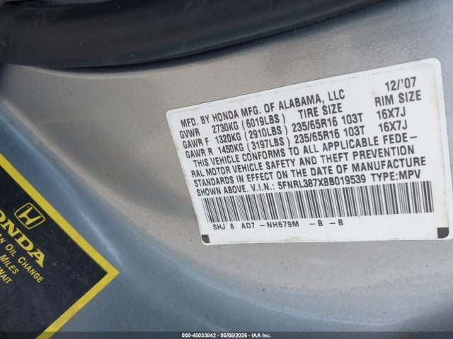 45033842 :رقم المزاد ، 5FNRL387X8B019539 vin ، 2008 Honda Odyssey Ex-l مزاد بيع