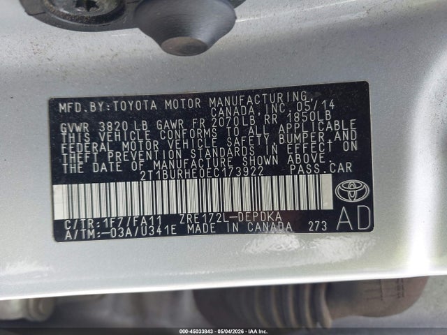 Продажа на аукционе авто 2014 Toyota Corolla L, vin: 2T1BURHE0EC173922, номер лота: 45033843