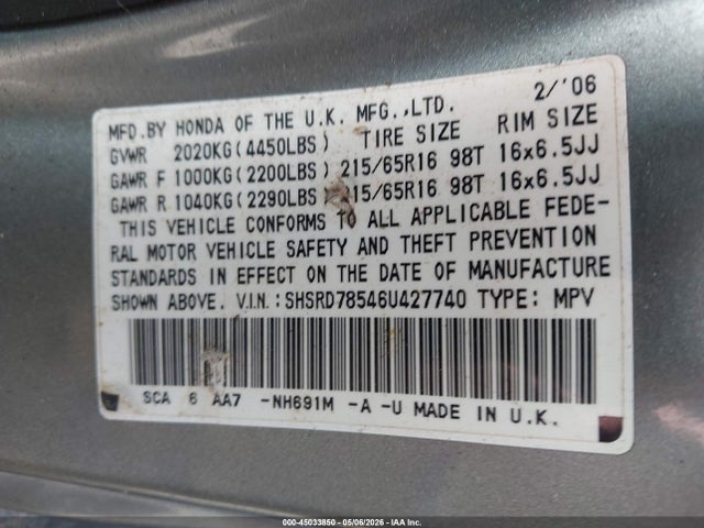 Продажа на аукционе авто 2006 Honda Cr-v Lx, vin: SHSRD78546U427740, номер лота: 45033850