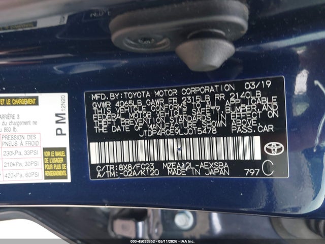 45033852 :رقم المزاد ، JTDP4RCE9LJ015478 vin ، 2020 Toyota Corolla Se مزاد بيع