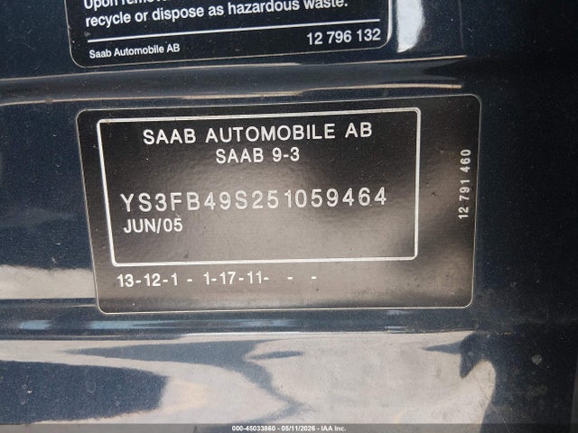 Продажа на аукционе авто 2005 Saab 9-3 Linear, vin: YS3FB49S251059464, номер лота: 45033860