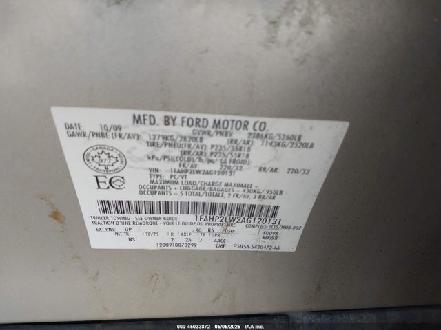 2010 Ford Taurus Sel მანქანა იყიდება აუქციონზე, vin: 1FAHP2EW2AG120131, აუქციონის ნომერი: 45033872