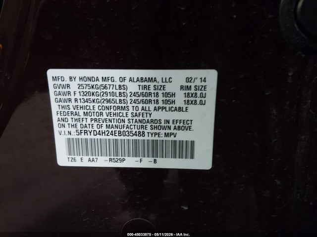 45033875 :رقم المزاد ، 5FRYD4H24EB035488 vin ، 2014 Acura Mdx مزاد بيع