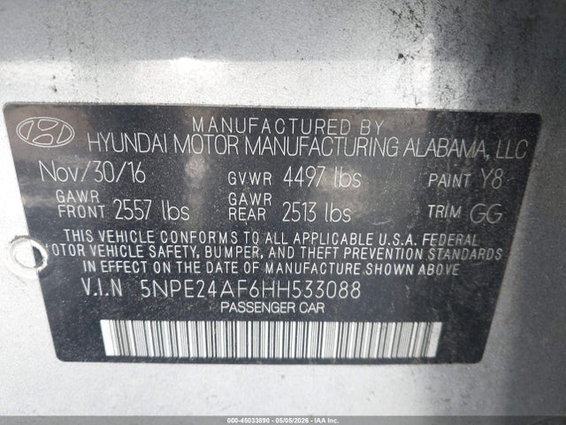 Продаж на аукціоні авто 2017 Hyundai Sonata, vin: 5NPE24AF6HH533088, номер лоту: 45033890
