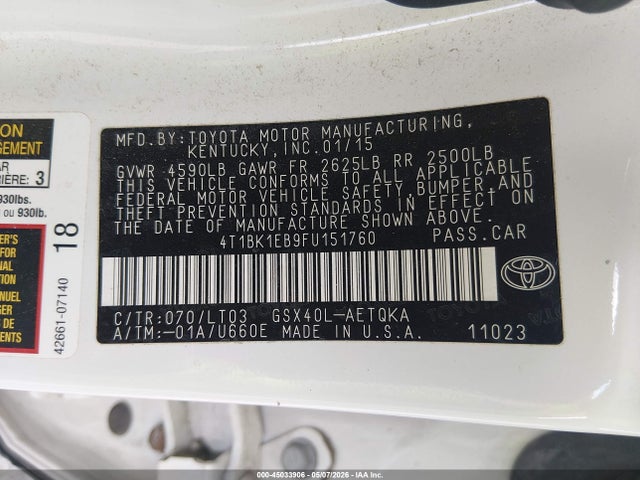 Продажа на аукционе авто 2015 Toyota Avalon Xle Touring, vin: 4T1BK1EB9FU151760, номер лота: 45033906