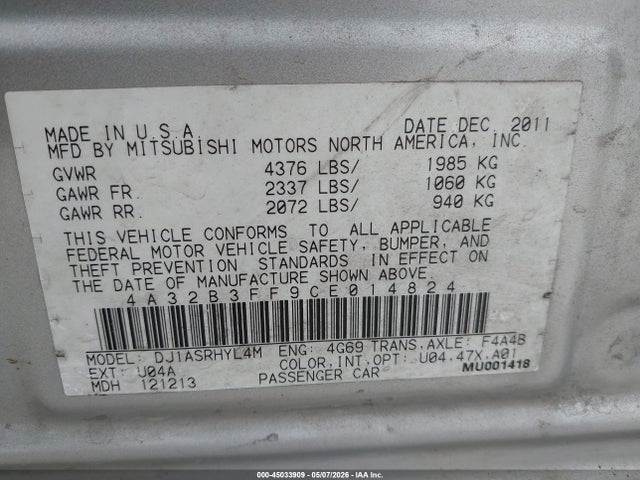 Aukcja sprzedaży 2012 Mitsubishi Galant Es/se, vin: 4A32B3FF9CE014824, numer aukcji: 45033909