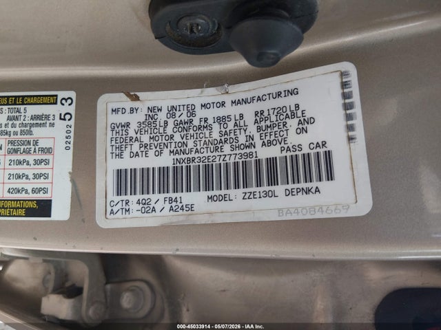Aukcja sprzedaży 2007 Toyota Corolla Le, vin: 1NXBR32E27Z773981, numer aukcji: 45033914