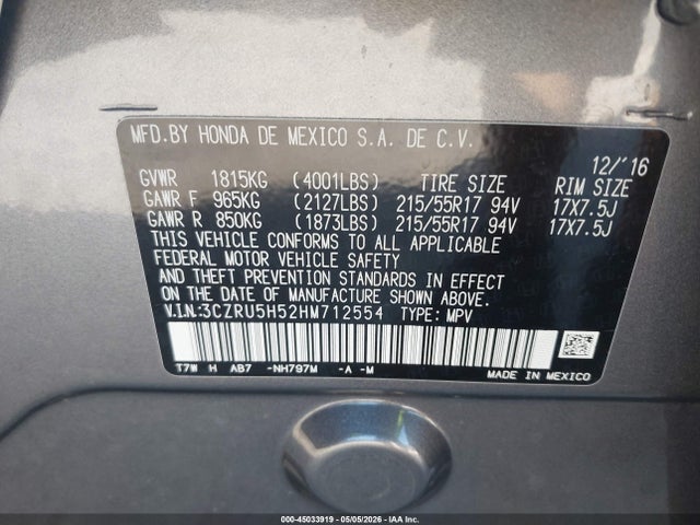 45033919 :رقم المزاد ، 3CZRU5H52HM712554 vin ، 2017 Honda Hr-v Ex مزاد بيع