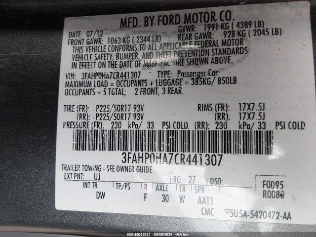 45033921 :رقم المزاد ، 3FAHP0HA7CR441307 vin ، 2012 Ford Fusion Se مزاد بيع