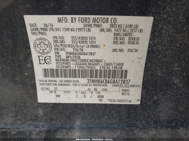 Продажа на аукционе авто 2016 Ford Flex Sel, vin: 2FMHK6C86GBA12837, номер лота: 45033929