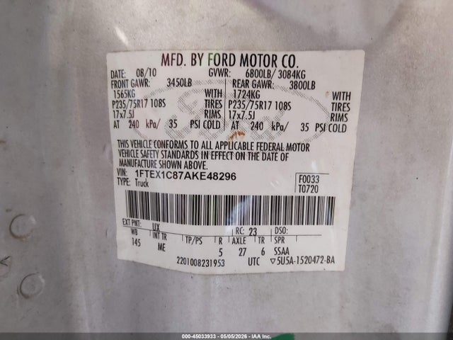 45033933 :رقم المزاد ، 1FTEX1C87AKE48296 vin ، 2010 Ford F-150 Xlt مزاد بيع