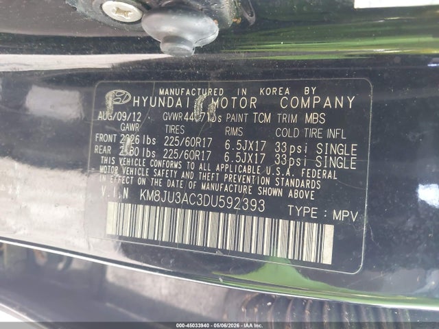 2013 Hyundai Tucson Gls მანქანა იყიდება აუქციონზე, vin: KM8JU3AC3DU592393, აუქციონის ნომერი: 45033940