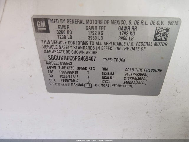 Продаж на аукціоні авто 2015 Chevrolet Silverado 1500 1lt, vin: 3GCUKREC6FG469407, номер лоту: 45033941