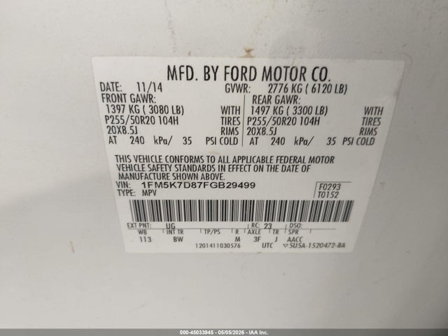 45033945 :رقم المزاد ، 1FM5K7D87FGB29499 vin ، 2015 Ford Explorer Xlt مزاد بيع
