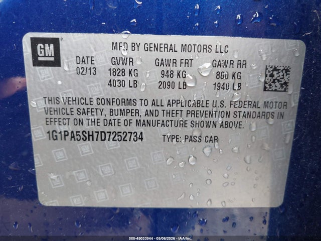 2013 Chevrolet Cruze Ls Auto მანქანა იყიდება აუქციონზე, vin: 1G1PA5SH7D7252734, აუქციონის ნომერი: 45033944