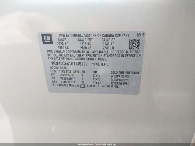 Продажа на аукционе авто 2016 Chevrolet Equinox Lt, vin: 2GNALCEK1G1145111, номер лота: 45033948
