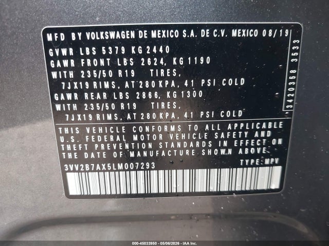 Aukcja sprzedaży 2020 Volkswagen Tiguan, vin: 3VV2B7AX5LM007293, numer aukcji: 45033950