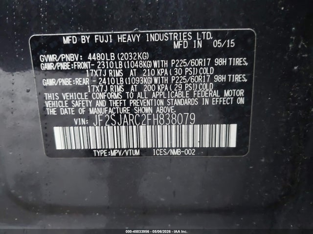 2015 Subaru Forester 2.5i Limited მანქანა იყიდება აუქციონზე, vin: JF2SJARC2FH838079, აუქციონის ნომერი: 45033956