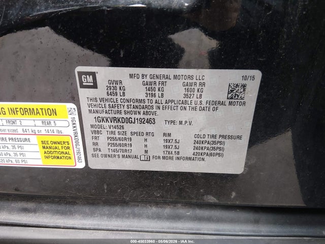 45033960 :رقم المزاد ، 1GKKVRKD0GJ192463 vin ، 2016 Gmc Acadia Slt-1 مزاد بيع