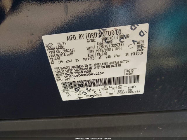 Продаж на аукціоні авто 2016 Ford Explorer Xlt, vin: 1FM5K8D89GGA22252, номер лоту: 45033988