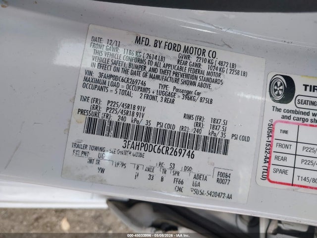Aukcja sprzedaży 2012 Ford Fusion Sport, vin: 3FAHP0DC6CR269746, numer aukcji: 45033996