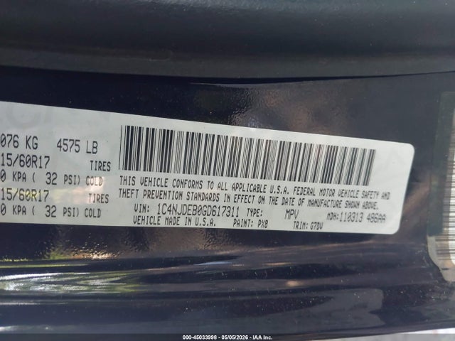 45033998 :رقم المزاد ، 1C4NJDEB0GD617311 vin ، 2016 Jeep Compass Latitude مزاد بيع