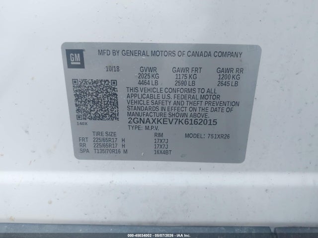 2019 Chevrolet Equinox Lt მანქანა იყიდება აუქციონზე, vin: 2GNAXKEV7K6162015, აუქციონის ნომერი: 45034002