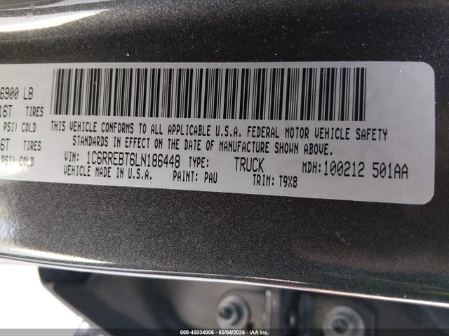 45034006 :رقم المزاد ، 1C6RREBT6LN186448 vin ، 2020 Ram 1500 Big Horn  4x2 6'4 Box مزاد بيع