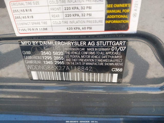 45034010 :رقم المزاد ، WDDNG86X27A118842 vin ، 2007 Mercedes-benz S 550 4matic مزاد بيع