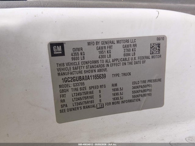 2010 Chevrolet Express 3500 Work Van მანქანა იყიდება აუქციონზე, vin: 1GC2GUBA0A1165639, აუქციონის ნომერი: 45034012