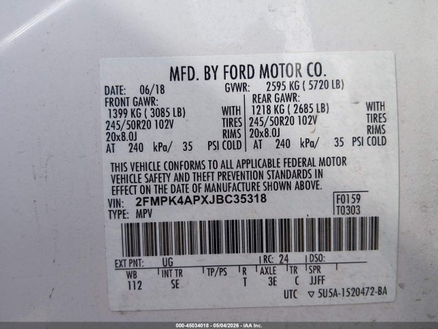 2018 Ford Edge Sport მანქანა იყიდება აუქციონზე, vin: 2FMPK4APXJBC35318, აუქციონის ნომერი: 45034018