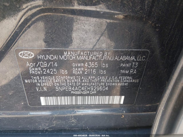 Aukcja sprzedaży 2014 Hyundai Sonata Gls, vin: 5NPEB4AC4EH929604, numer aukcji: 45034026