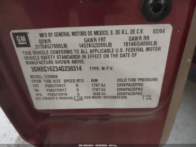 45034033 :رقم المزاد ، 3GNEC16Z34G238314 vin ، 2004 Chevrolet Suburban 1500 Lt مزاد بيع