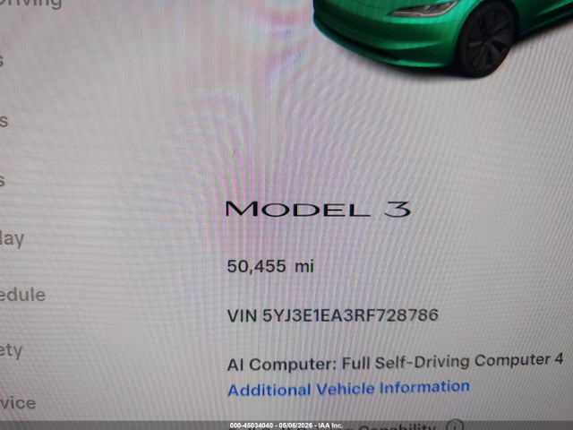 2024 Tesla Model 3 Long Range Dual Motor All-wheel Drive/rear-wheel Drive მანქანა იყიდება აუქციონზე, vin: 5YJ3E1EA3RF728786, აუქციონის ნომერი: 45034040