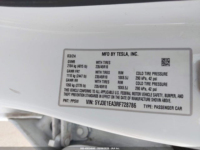 2024 Tesla Model 3 Long Range Dual Motor All-wheel Drive/rear-wheel Drive მანქანა იყიდება აუქციონზე, vin: 5YJ3E1EA3RF728786, აუქციონის ნომერი: 45034040