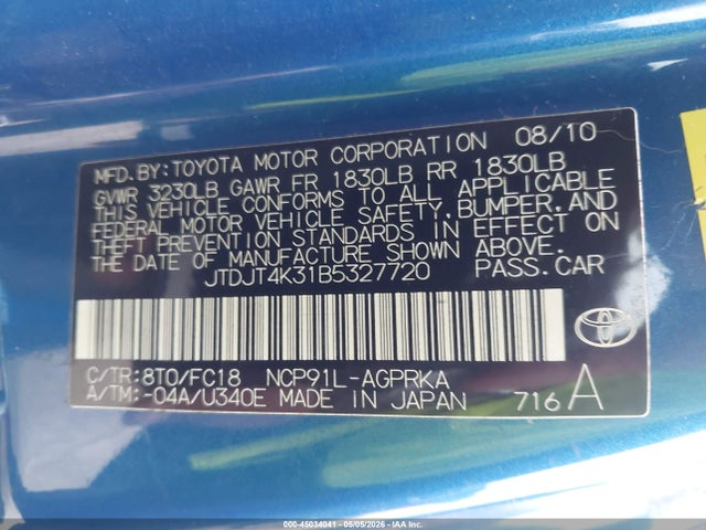 45034041 :رقم المزاد ، JTDJT4K31B5327720 vin ، 2011 Toyota Yaris مزاد بيع