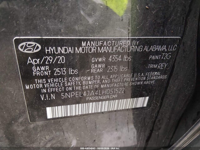 Aukcja sprzedaży 2020 Hyundai Sonata Sel, vin: 5NPEL4JA4LH051522, numer aukcji: 45034043