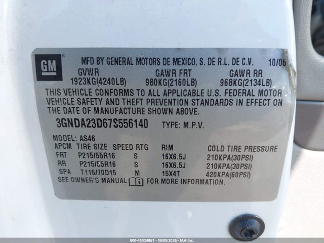 Продаж на аукціоні авто 2007 Chevrolet Hhr Lt, vin: 3GNDA23D67S556140, номер лоту: 45034051