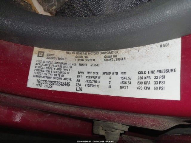 45034057 :رقم المزاد ، 1GCCS136268243445 vin ، 2006 Chevrolet Colorado Lt مزاد بيع