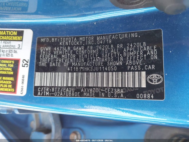 Aukcja sprzedaży 2018 Toyota Camry Se, vin: 4T1B11HK3JU114050, numer aukcji: 45034070