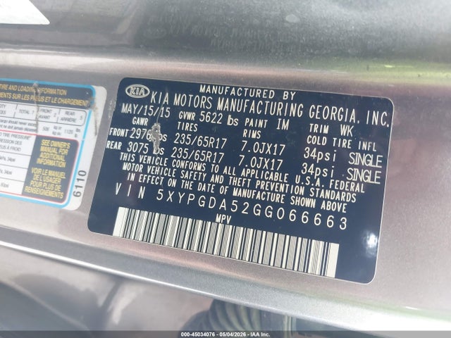 5XYPGDA52GG066663 KIA Sorento 3.3l Lx