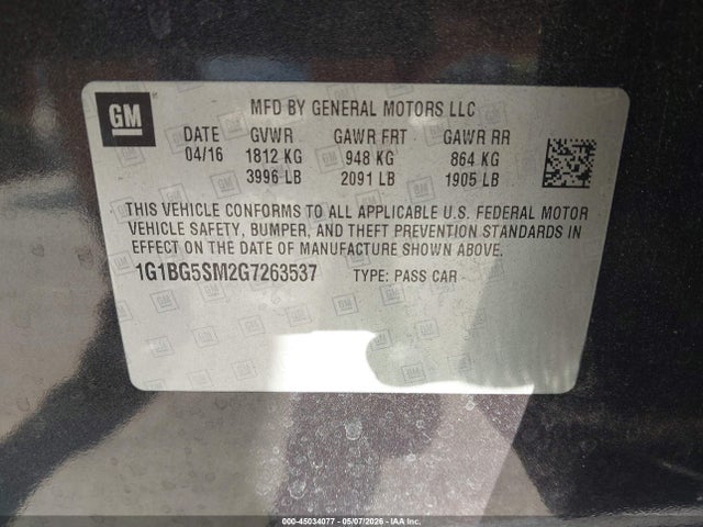45034077 :رقم المزاد ، 1G1BG5SM2G7263537 vin ، 2016 Chevrolet Cruze Premier Auto مزاد بيع