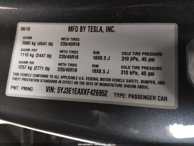 Продажа на аукционе авто 2019 Tesla Model 3 Long Range/mid Range/standard Range/standard Range Plus, vin: 5YJ3E1EAXKF426952, номер лота: 45034078