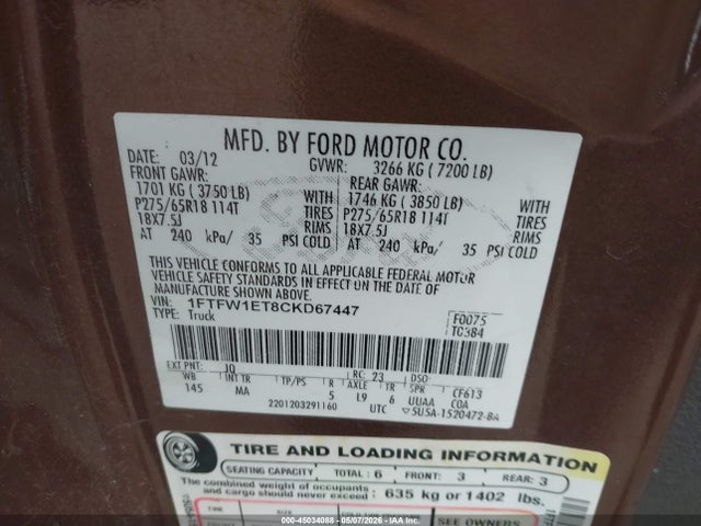 Продажа на аукционе авто 2012 Ford F-150 Fx4/king Ranch/lariat/platinum/xl/xlt, vin: 1FTFW1ET8CKD67447, номер лота: 45034088