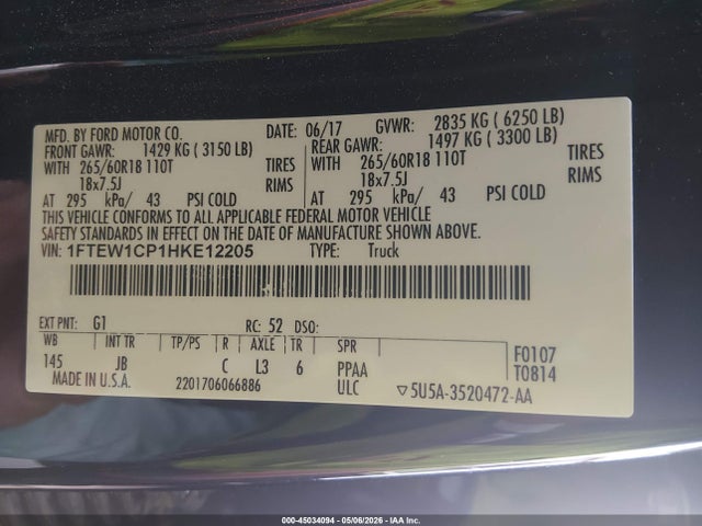 2017 Ford F-150 Xlt მანქანა იყიდება აუქციონზე, vin: 1FTEW1CP1HKE12205, აუქციონის ნომერი: 45034094