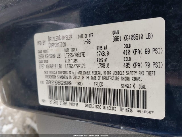 45034103 :رقم المزاد ، 3D7KS19D86G206000 vin ، 2006 Dodge Ram 1500 Slt مزاد بيع