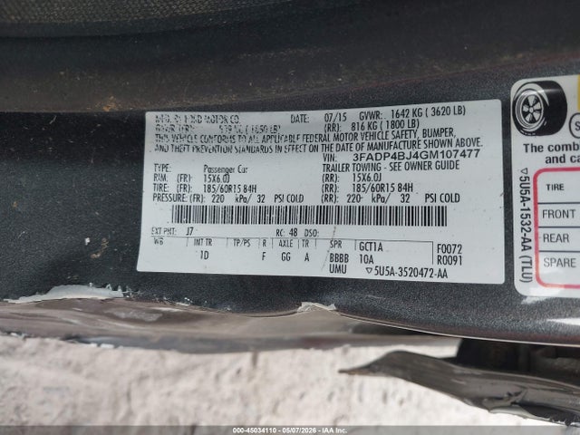 Продажа на аукционе авто 2016 Ford Fiesta Se, vin: 3FADP4BJ4GM107477, номер лота: 45034110