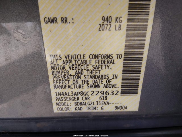 1N4AL3AP8GC229632 Nissan Altima 2.5/2.5 S/2.5 Sl/2.5 Sr/2.5 Sv