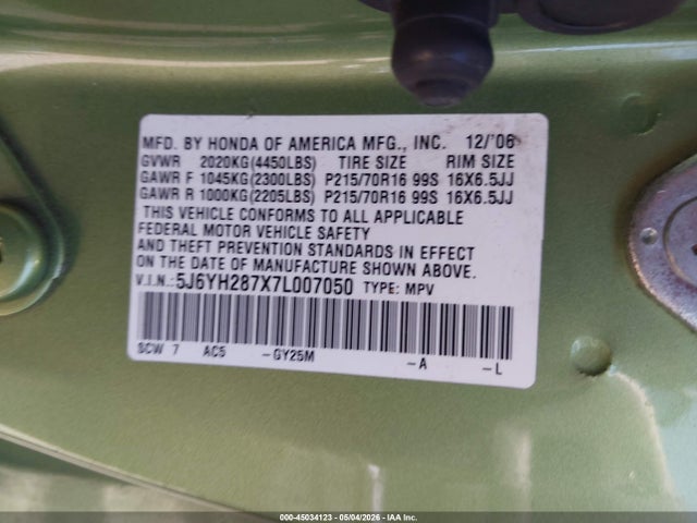 Aukcja sprzedaży 2007 Honda Element Ex, vin: 5J6YH287X7L007050, numer aukcji: 45034123