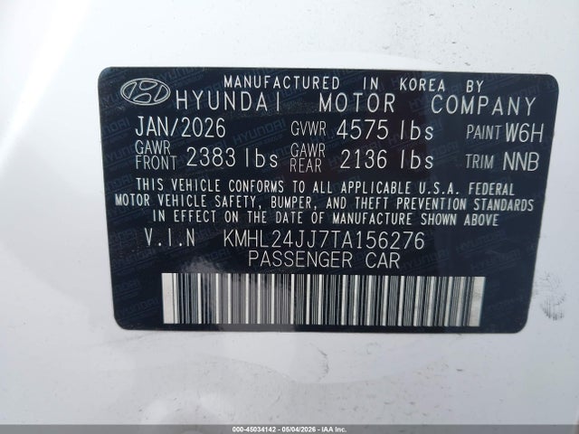 Продажа на аукционе авто 2026 Hyundai Sonata Hybrid Blue, vin: KMHL24JJ7TA156276, номер лота: 45034142